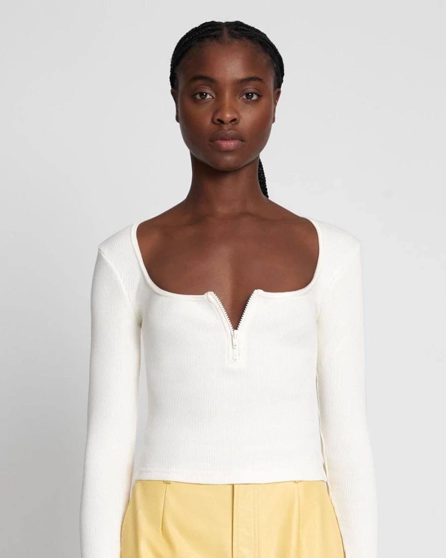 7 For All Mankind Women's Antique White Quarter Zip Ribbed Knit Top