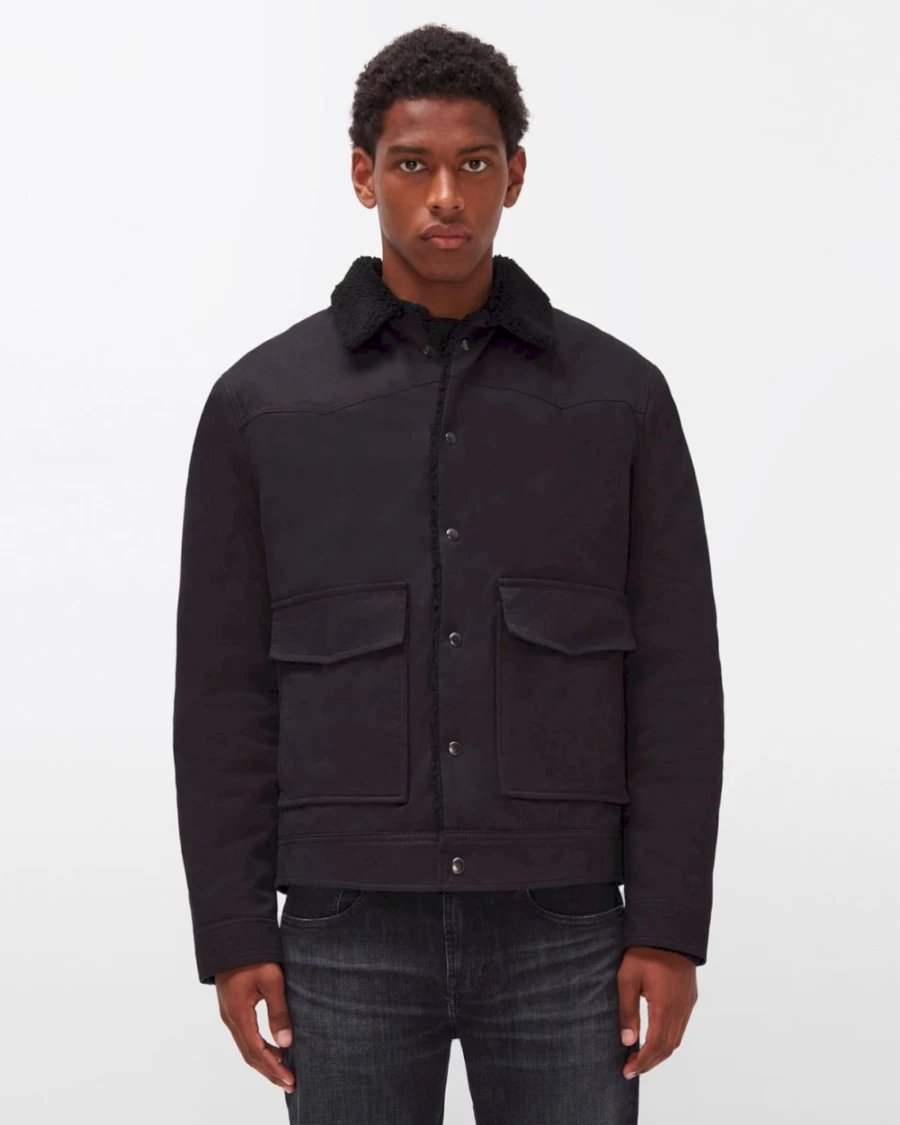 7 For All Mankind Men's Black Western Trucker Jacket - Denim Biker Style Coat