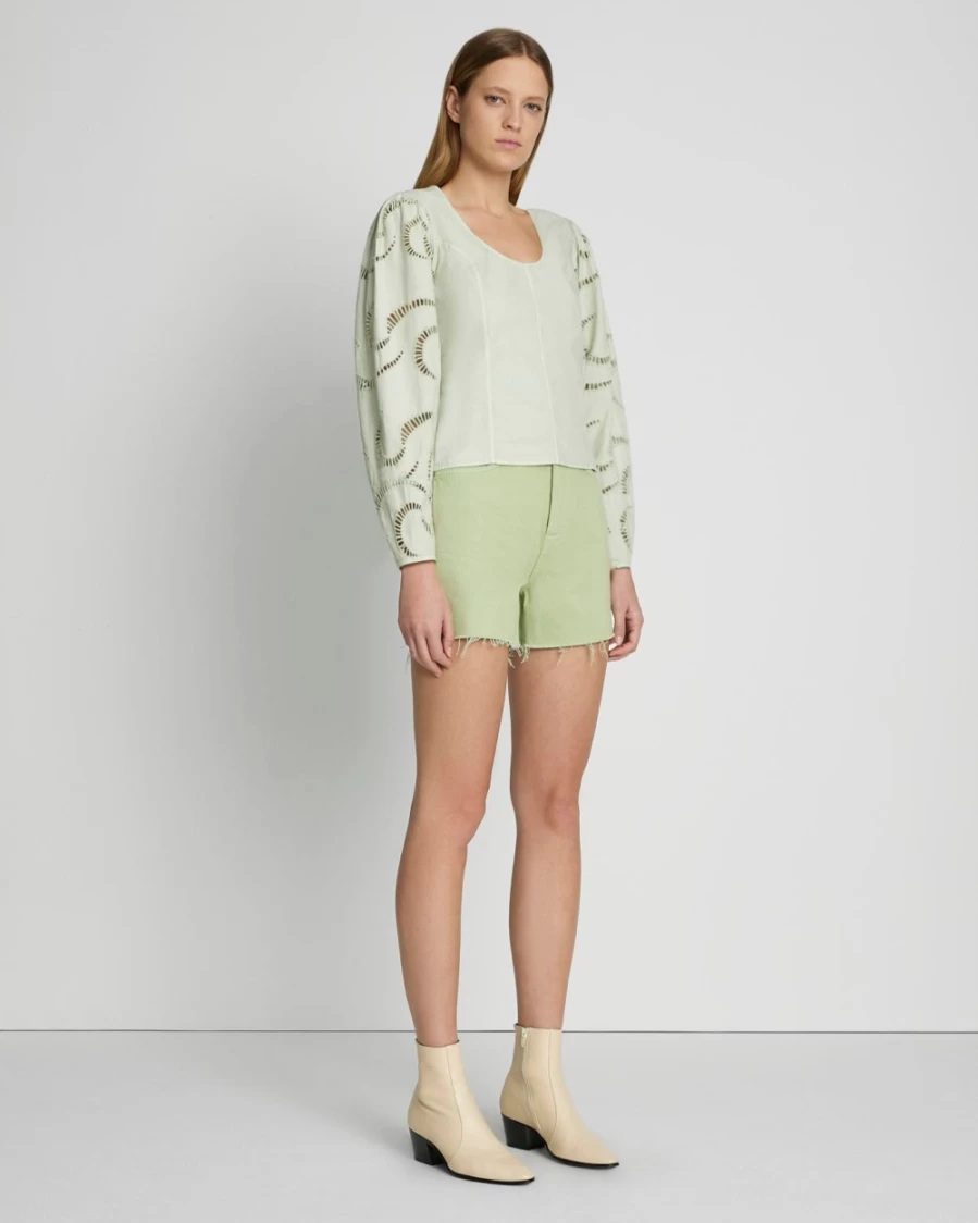 7 For All Mankind Women's Seafoam Eyelet Balloon Sleeve Blouse