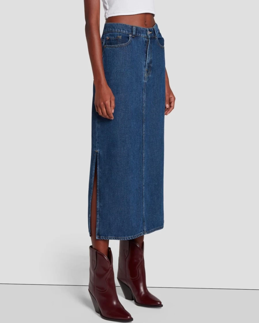 7 For All Mankind Women's Blue Denim Midi Skirt - Classic Bluenote Wash