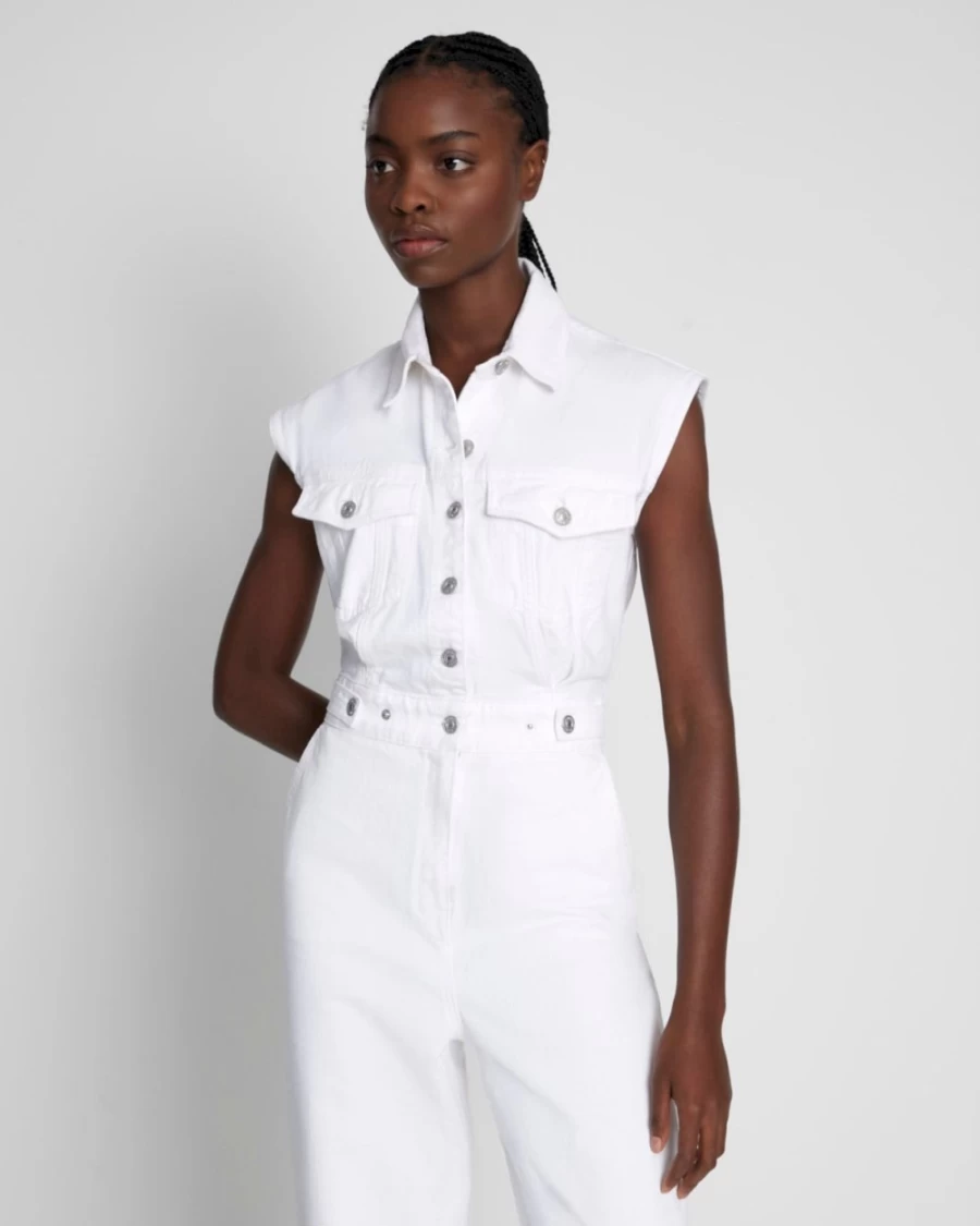 7 For All Mankind Women's White Denim Sleeveless Balloon Jumpsuit - Lustre Finish