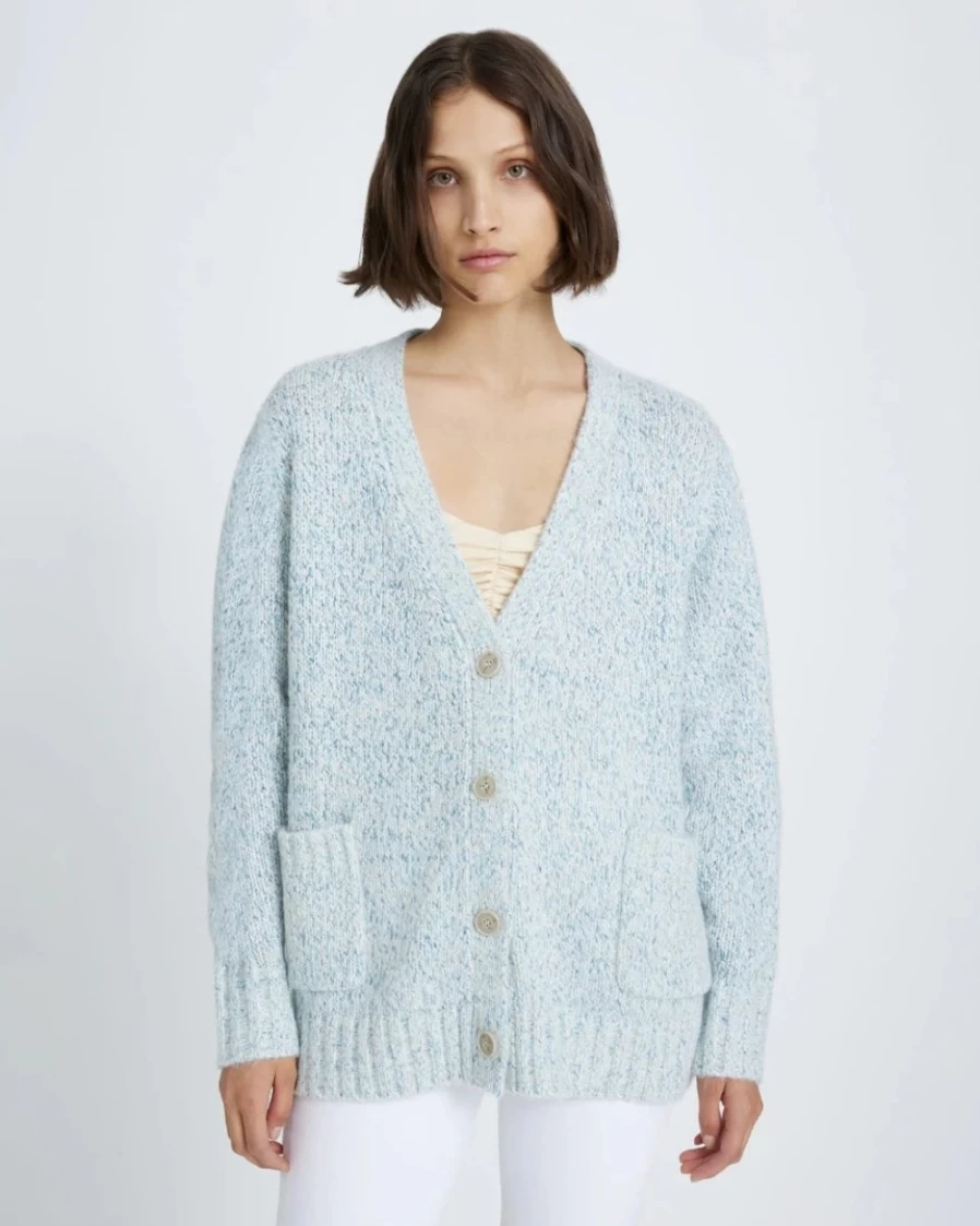 7 For All Mankind Women's Blue Marled Boyfriend Cardigan Sweater