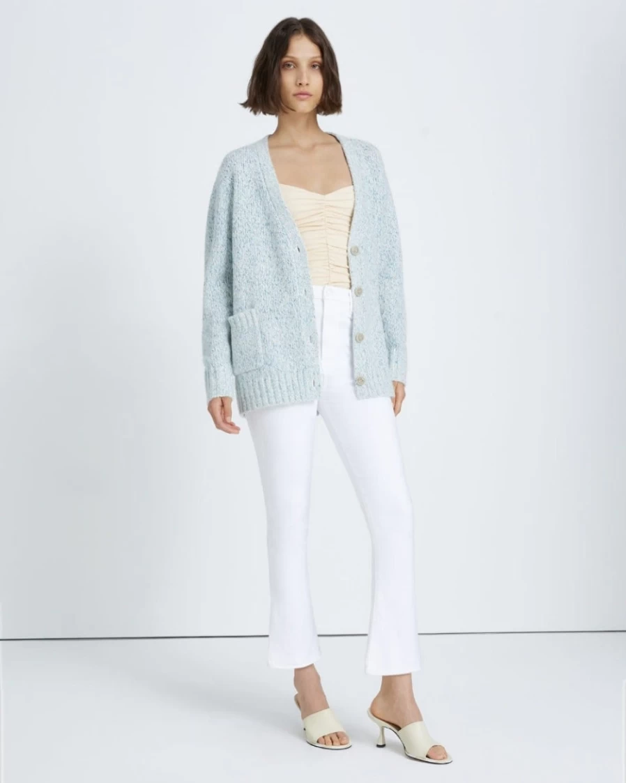 7 For All Mankind Women's Blue Marled Boyfriend Cardigan Sweater