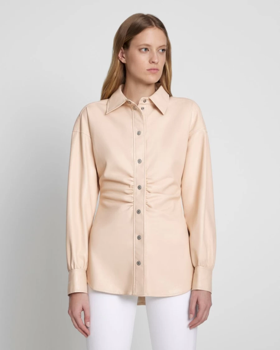 7 For All Mankind Women's Nude Faux Leather Shirt with Cinched Waist & Button Up Design