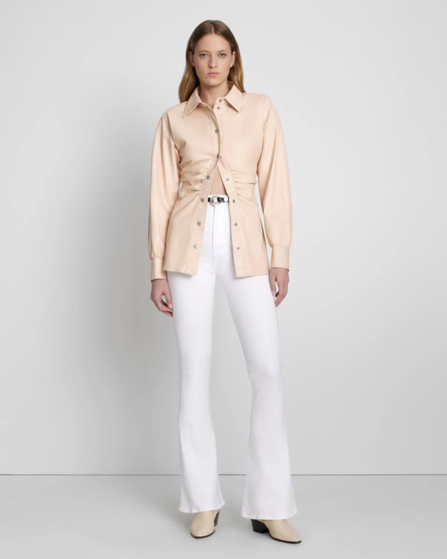 7 For All Mankind Women's Nude Faux Leather Shirt with Cinched Waist & Button Up Design