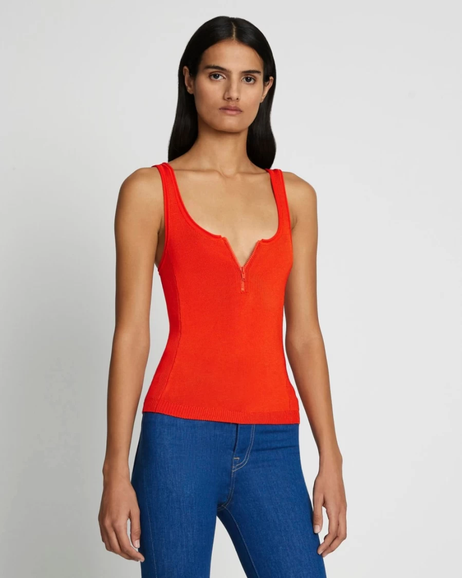 7 For All Mankind Women's High Shine Ribbed Quarter Zip Tank Top - Koi Color