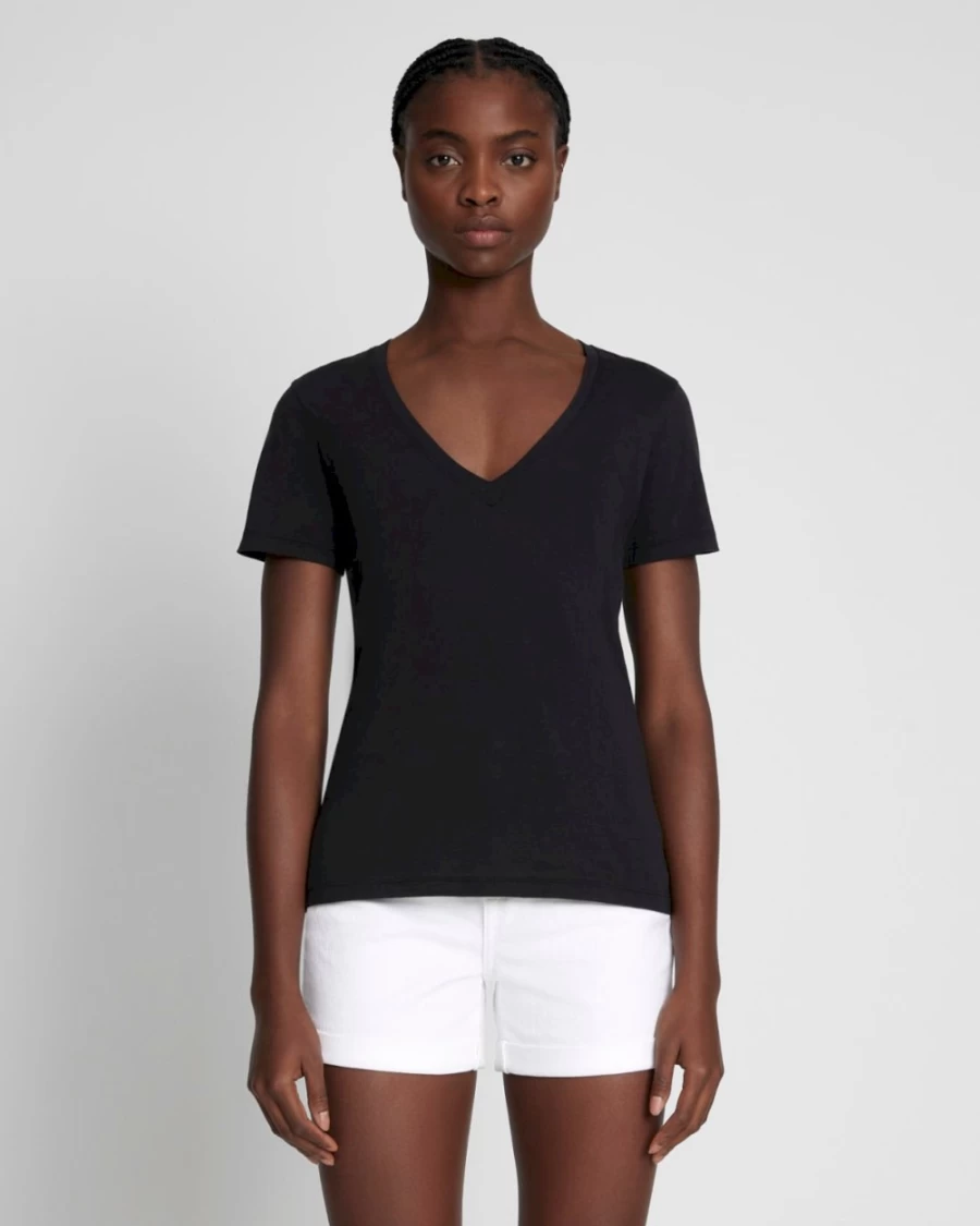 7 For All Mankind Women's Pima Cotton V-Neck T-Shirt in Moonless Night - Soft Comfortable Basic Tee