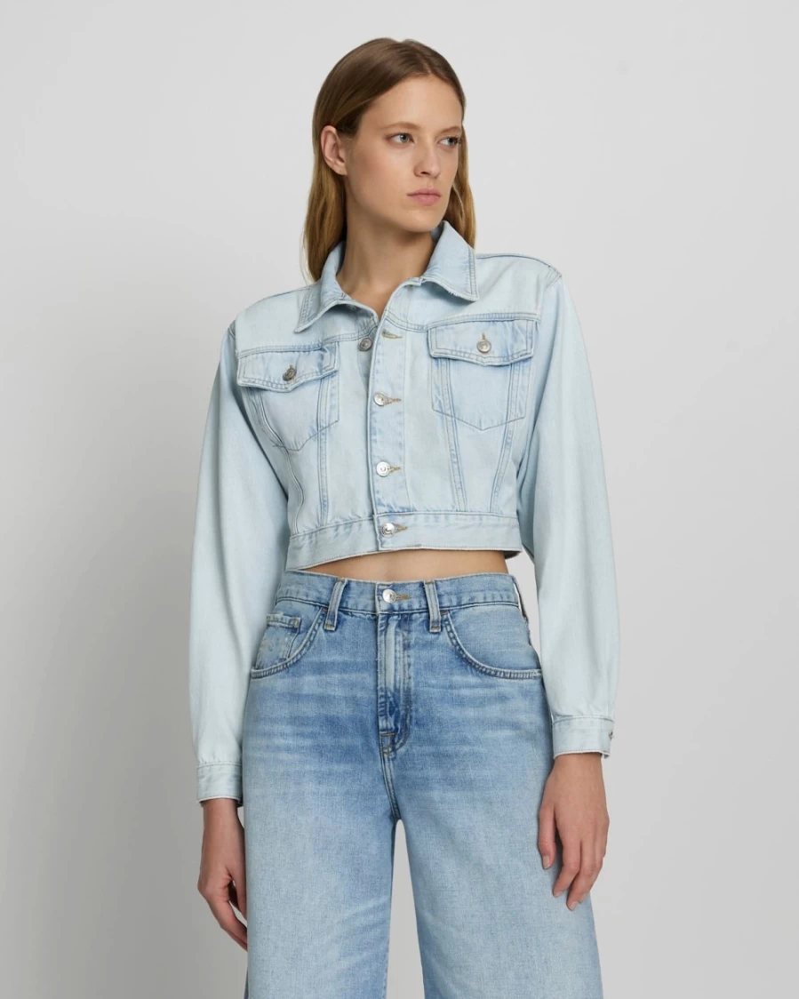 7 For All Mankind Women's Icy Indigo Cropped Denim Trucker Jacket