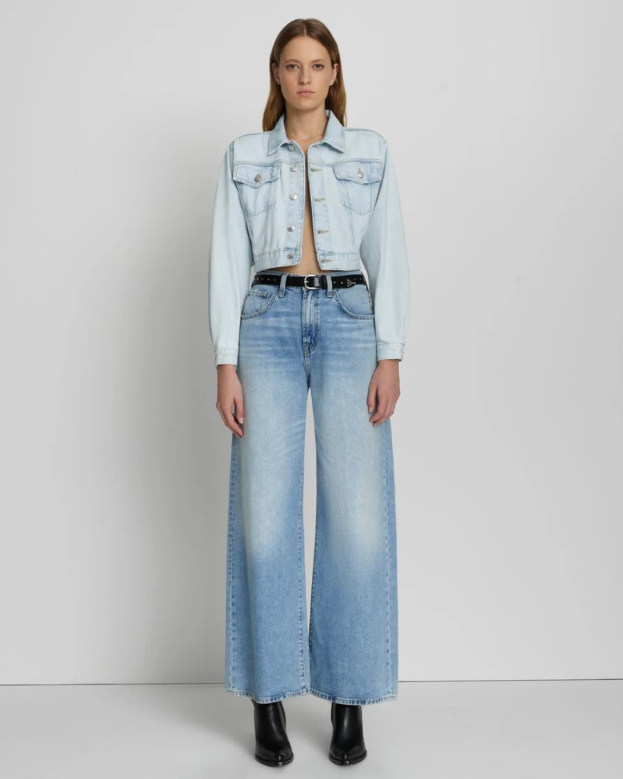 7 For All Mankind Women's Icy Indigo Cropped Denim Trucker Jacket