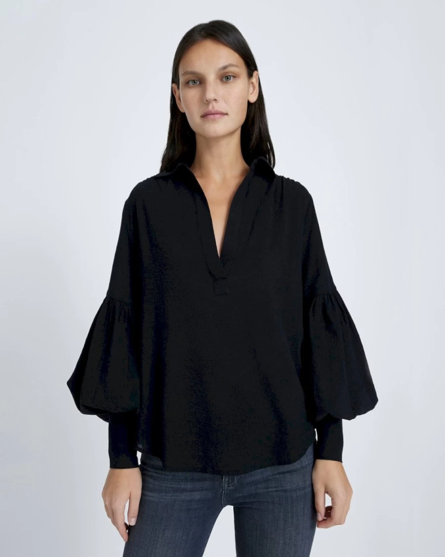 7 For All Mankind Women's Jet Black Balloon Sleeve Crepe Blouse