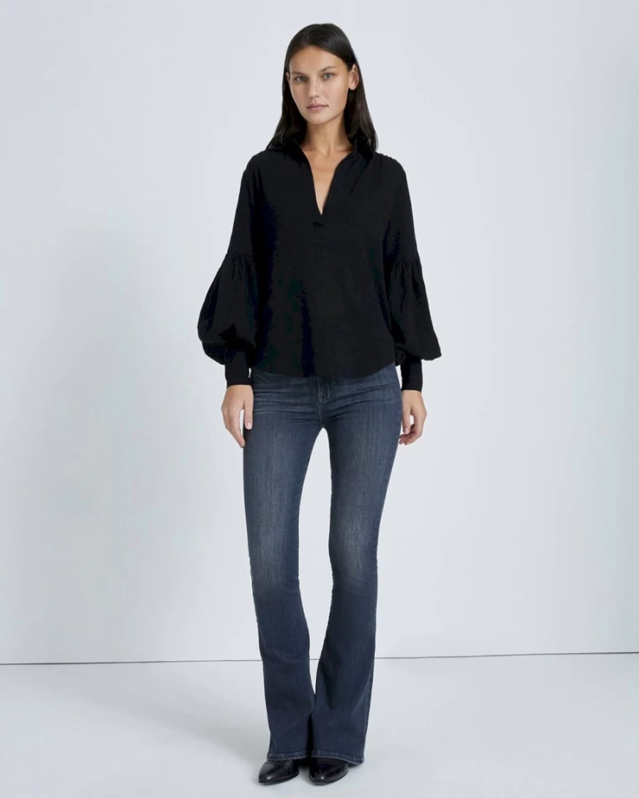 7 For All Mankind Women's Jet Black Balloon Sleeve Crepe Blouse