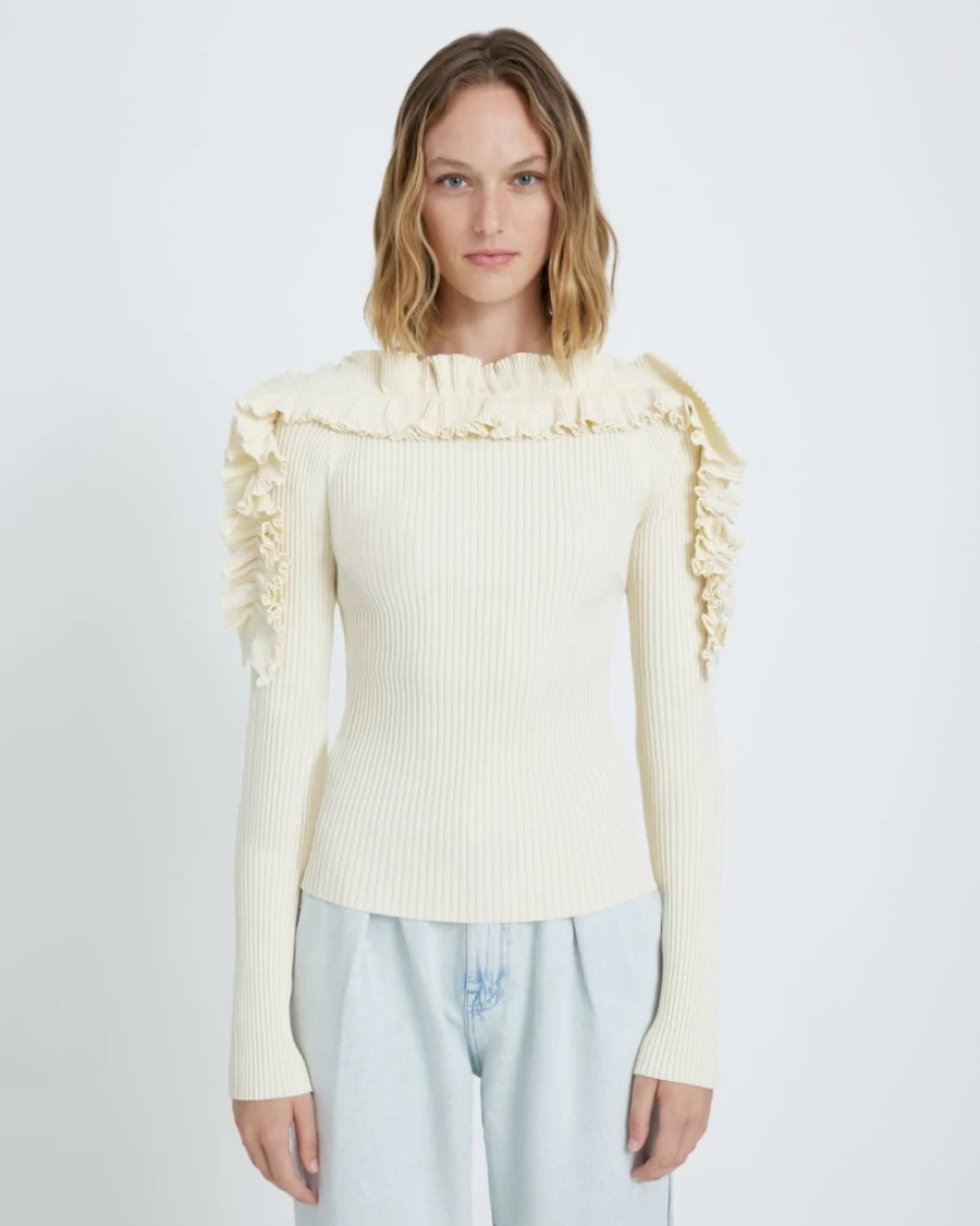 7 For All Mankind Women's Antique White Long Sleeve Ruffle Blouse
