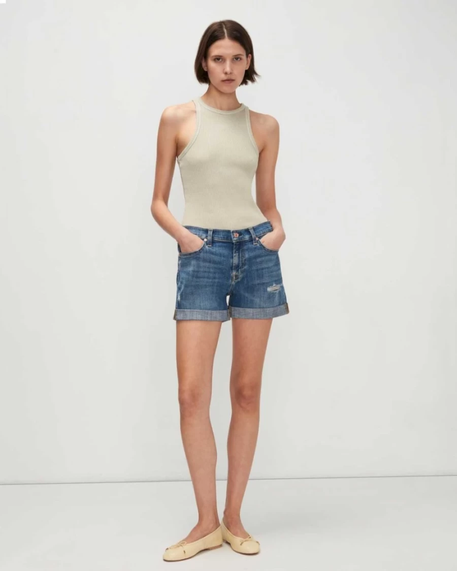 7 For All Mankind Women's Broken Twill Mid Roll Destroyed Denim Shorts Bright Light Wash