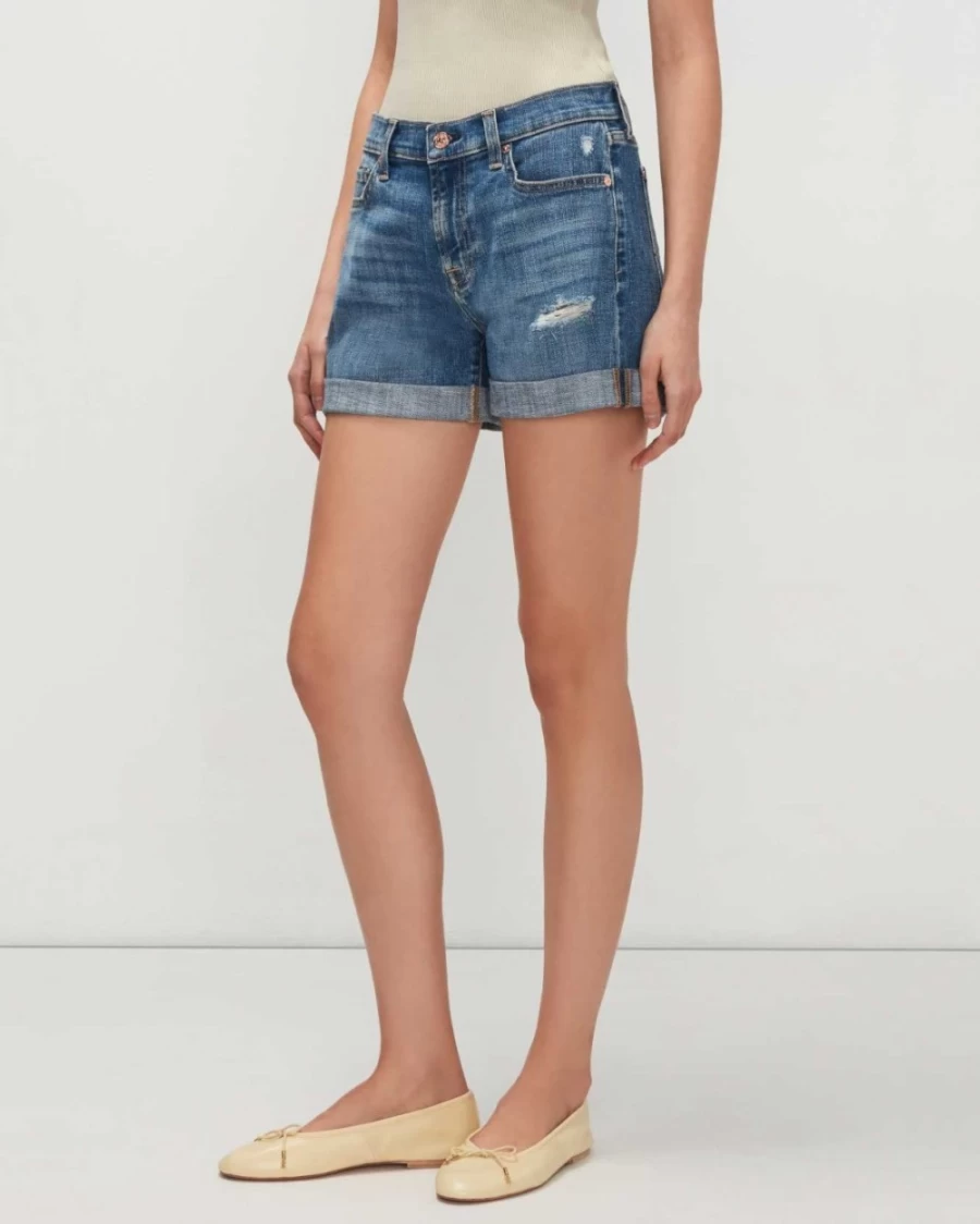 7 For All Mankind Women's Broken Twill Mid Roll Destroyed Denim Shorts Bright Light Wash