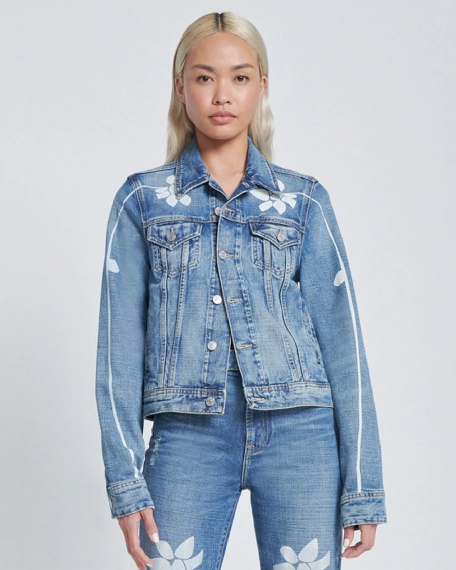 7 For All Mankind Women's Classic Trucker Jacket - Floral Teaparty Denim Jacket for Women