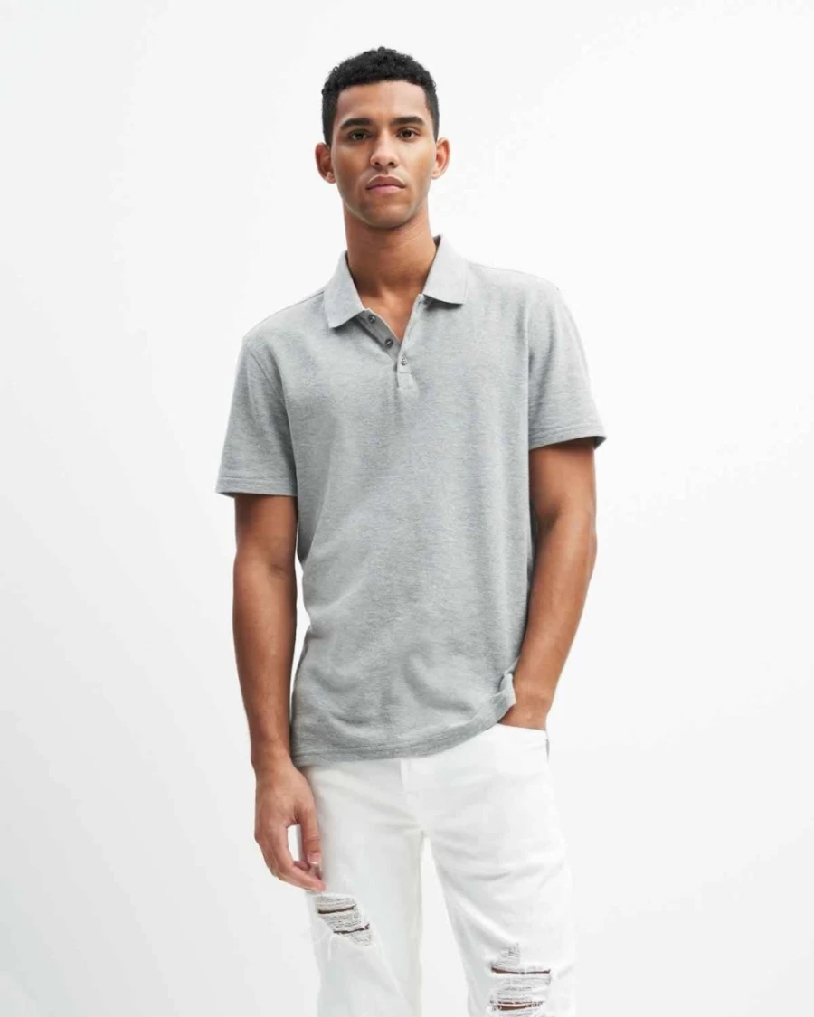 7 For All Mankind Men's 3-Button Heather Grey Polo Shirt