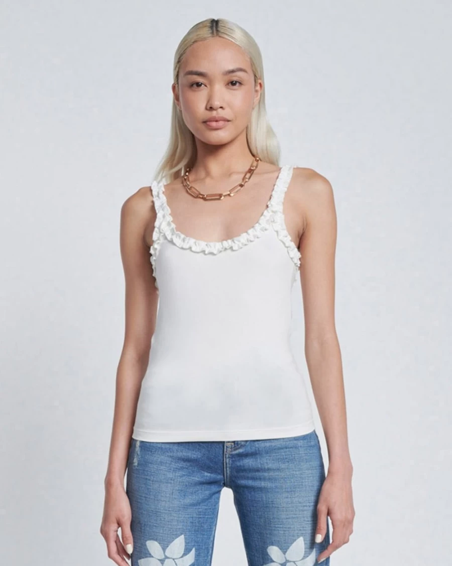 7 For All Mankind Women's Ivory Ruffle Trim Tank Top - Feminine Lace Detail Casual Blouse