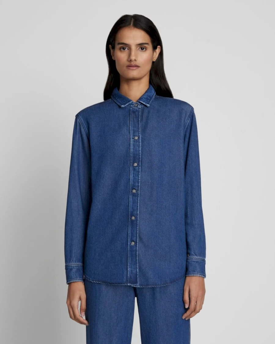7 For All Mankind Women's Dark Indigo Denim Classic Shirt - Premium Lustre Finish