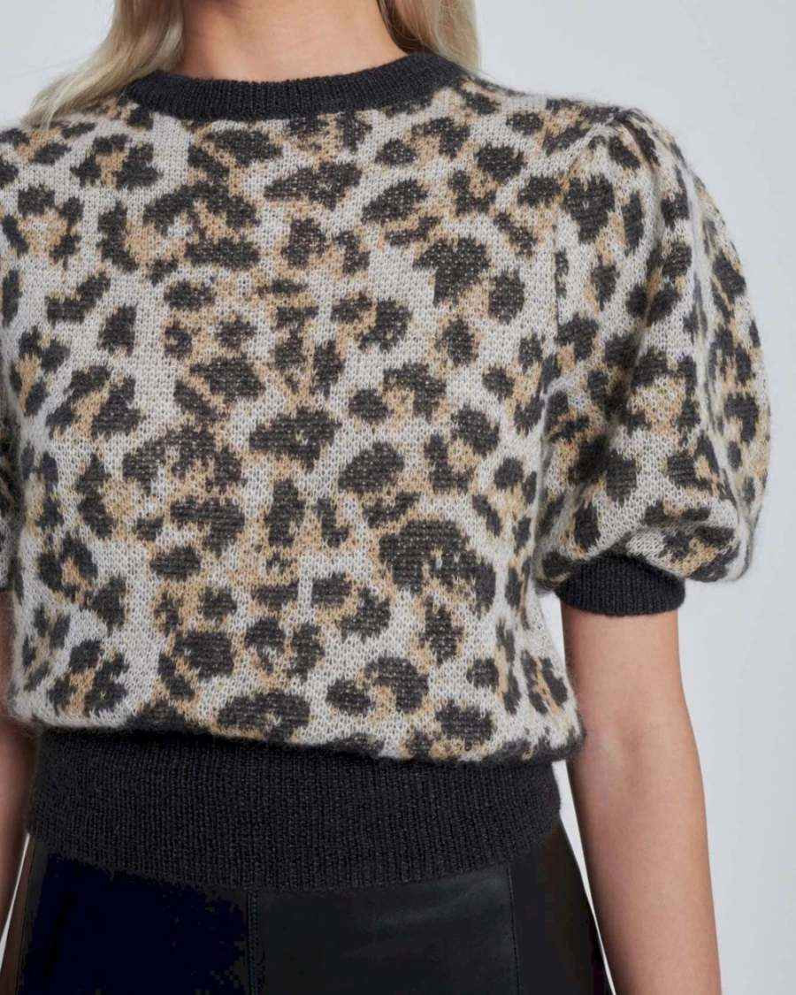 7 For All Mankind Women's Furry Jacquard Puff Sleeve Pointelle Knit Top