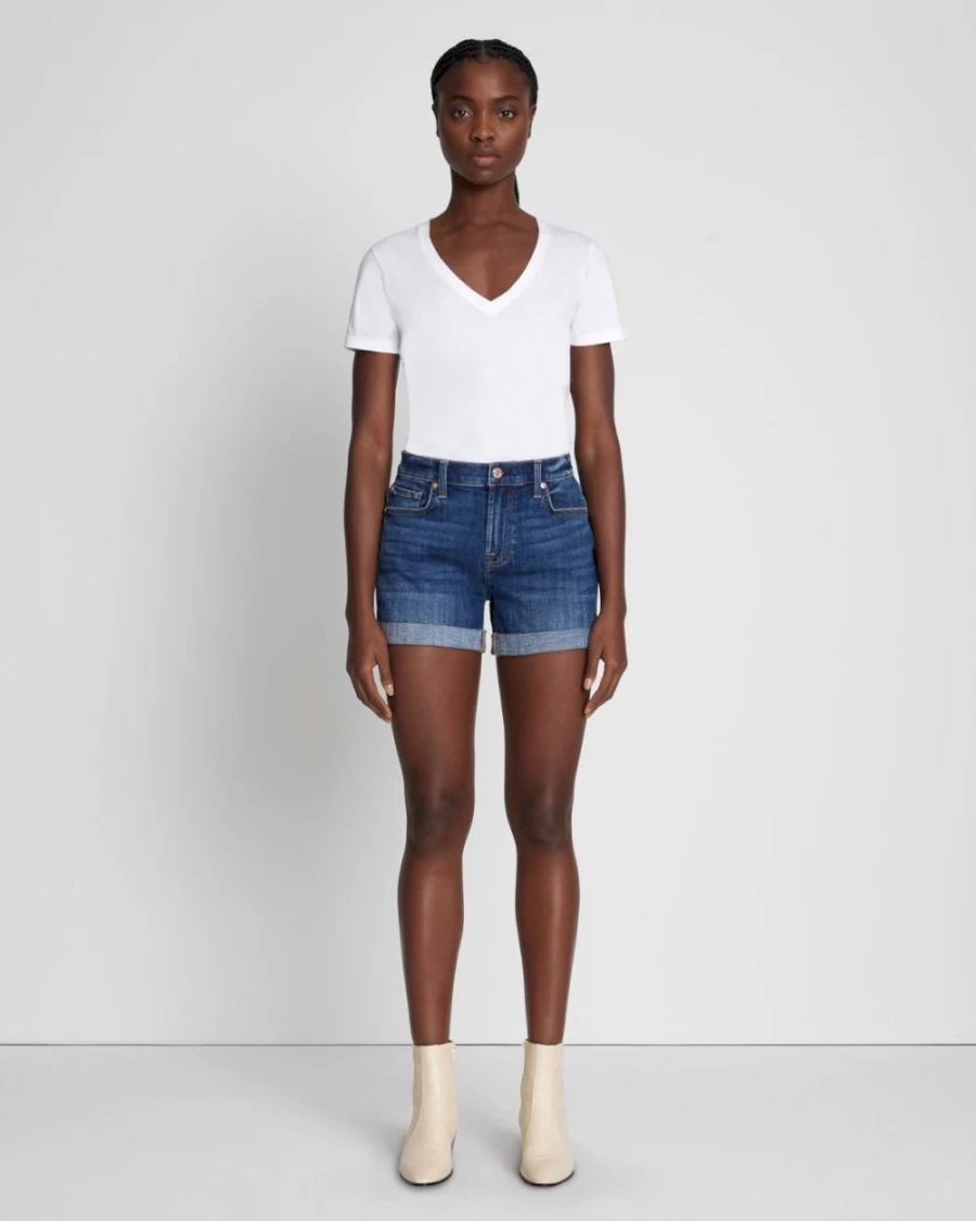 7 For All Mankind Women's Broken Twill Mid Roll Short in Vanity - Stylish Casual Denim Shorts