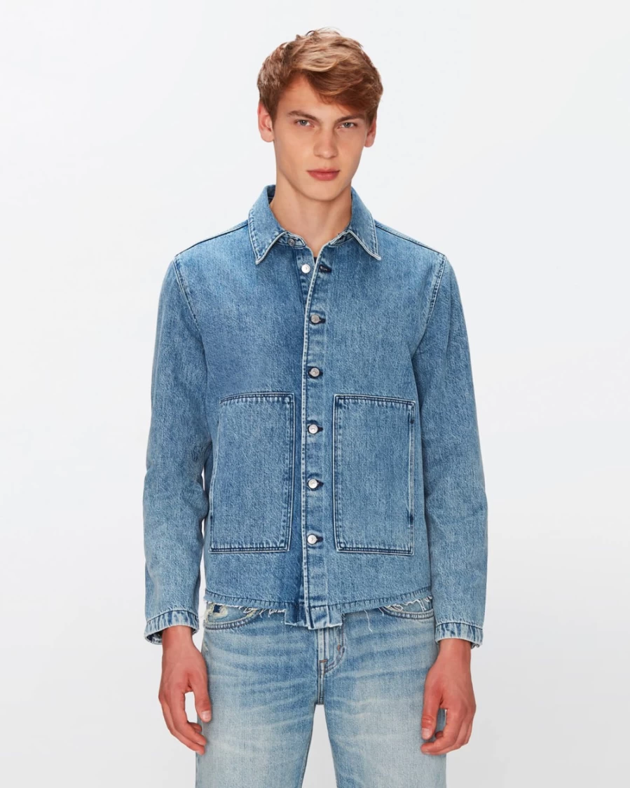 7 For All Mankind Men's Vintage Blue Workwear Overshirt - Classic Denim Shirt Jacket
