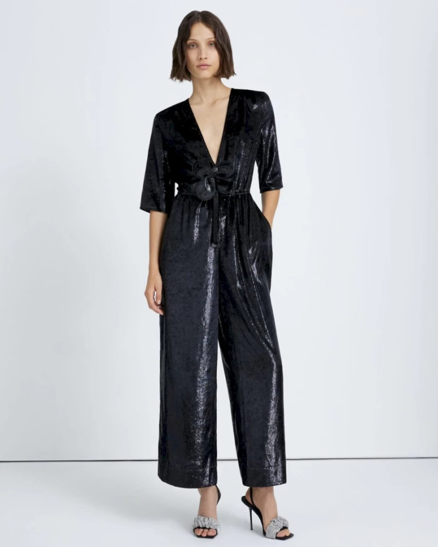 7 For All Mankind Women's Black Shine Deep V Neck Jumpsuit