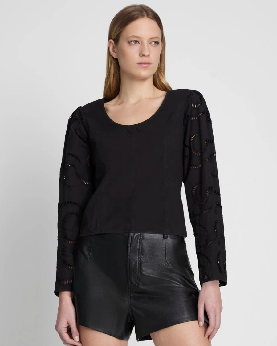 7 For All Mankind Women's Black Balloon Sleeve Eyelet Detail Top