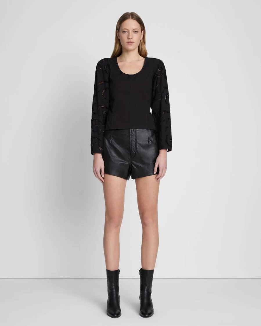 7 For All Mankind Women's Black Balloon Sleeve Eyelet Detail Top