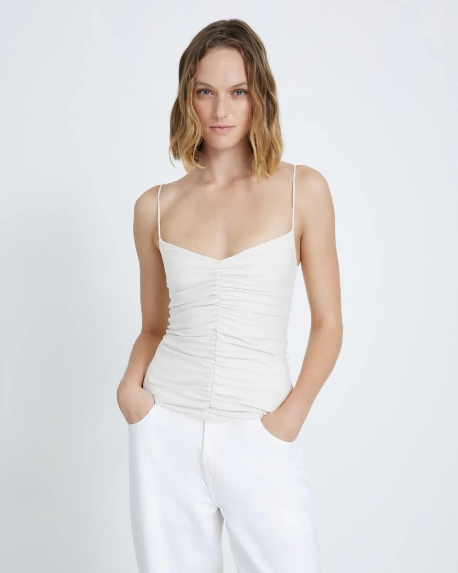 7 For All Mankind Women's White Ruched Cami Top - Stylish Stretch Fit Tank
