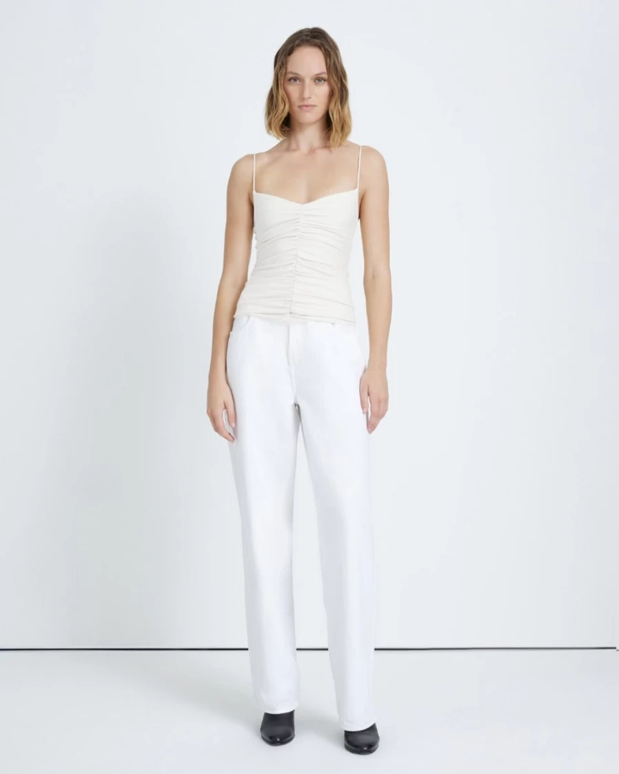 7 For All Mankind Women's White Ruched Cami Top - Stylish Stretch Fit Tank