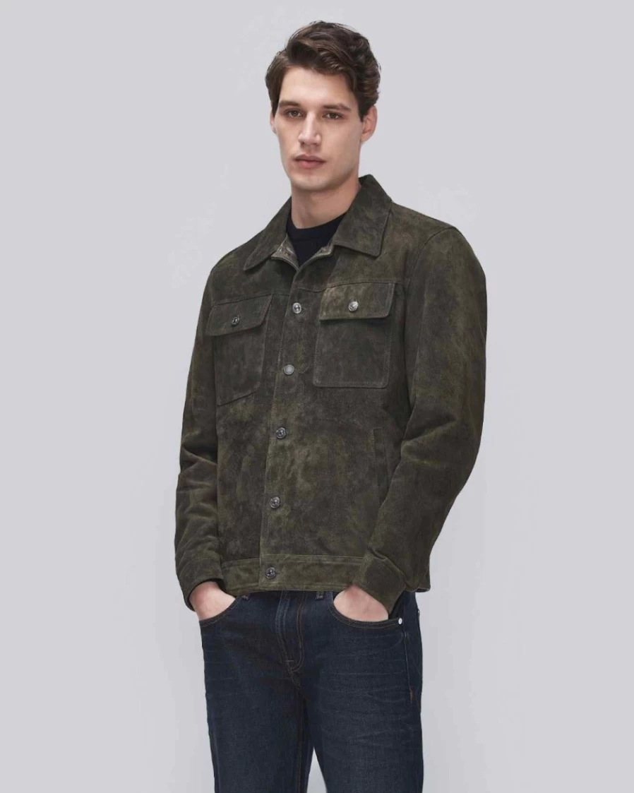 7 For All Mankind Men's Modern Suede Trucker Jacket - Forest Green Casual Outerwear