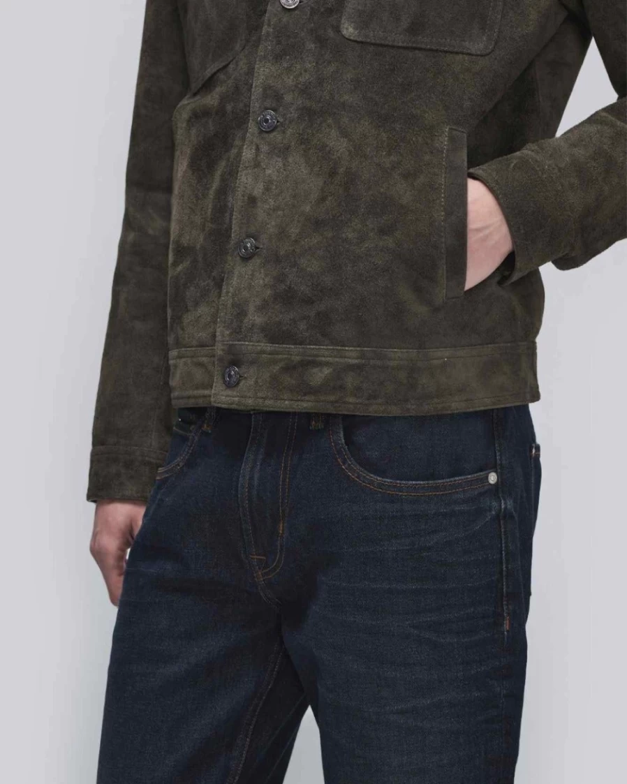 7 For All Mankind Men's Modern Suede Trucker Jacket - Forest Green Casual Outerwear