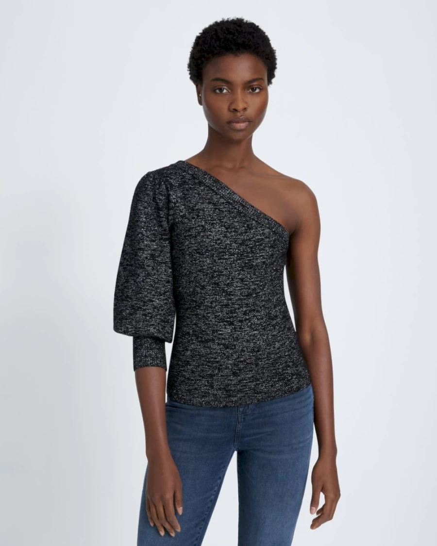 7 For All Mankind Women's Black Metallic One Shoulder Sweater
