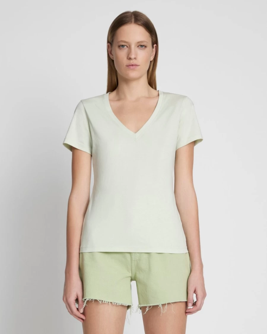 7 For All Mankind Women's Seafoam V-Neck Pima Cotton T-Shirt - Soft Comfortable Basic Tee