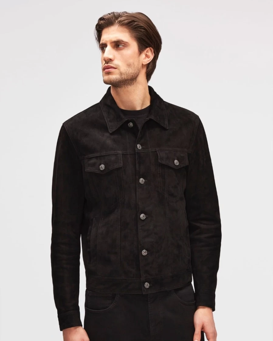 7 For All Mankind Men's Black Suede Trucker Jacket