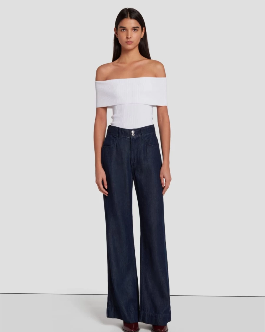 7 For All Mankind Women's Tailorless Denim Lustre Dojo Trouser in Dark Rinse - Premium Stretch Jeans