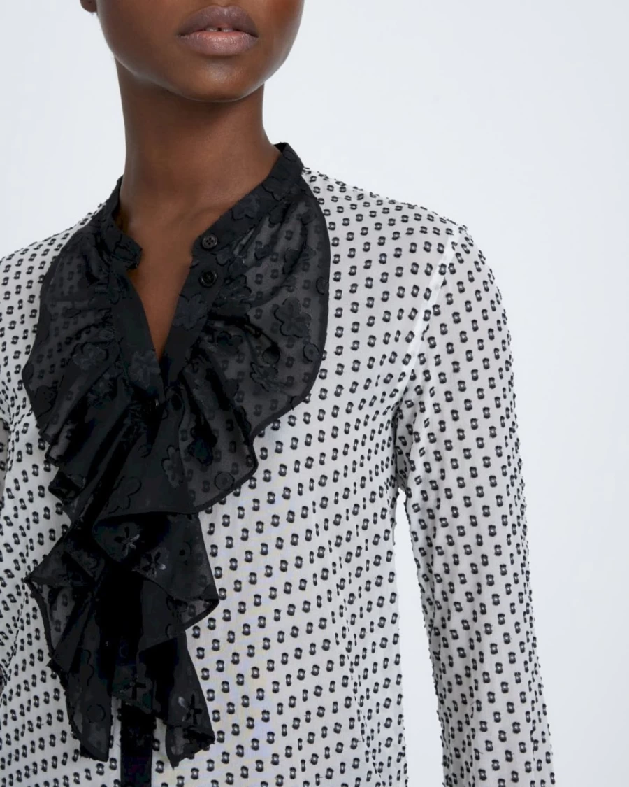 7 For All Mankind Women's Ivory Dot Silk Tuxedo Blouse - Elegant Satin Shirt for Women