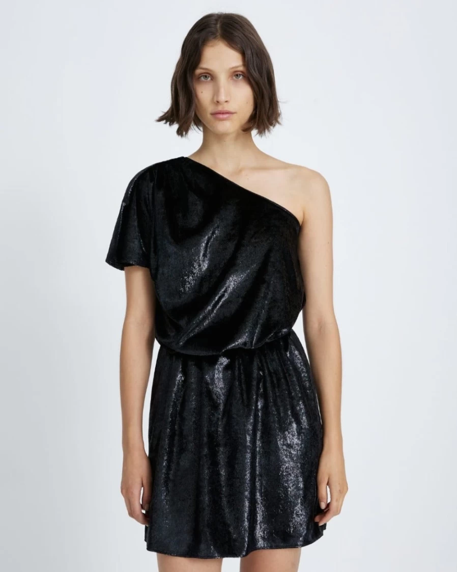 7 For All Mankind Women's Black Shine One Shoulder Ruffle Evening Dress