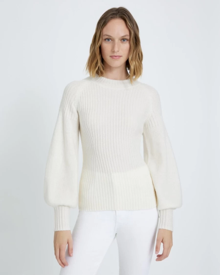 7 For All Mankind Women's Cream Balloon Sleeve Sweater - Soft Knit Oversized Pullover