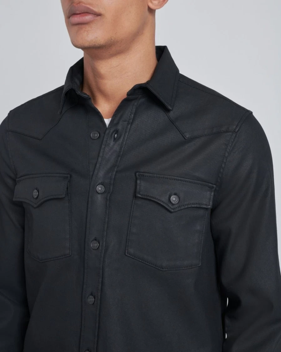 7 For All Mankind Men's Black Coated Shirt - Premium Coated Cotton Dress Shirt