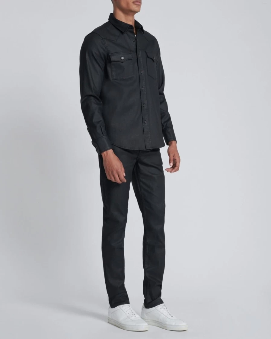 7 For All Mankind Men's Black Coated Shirt - Premium Coated Cotton Dress Shirt