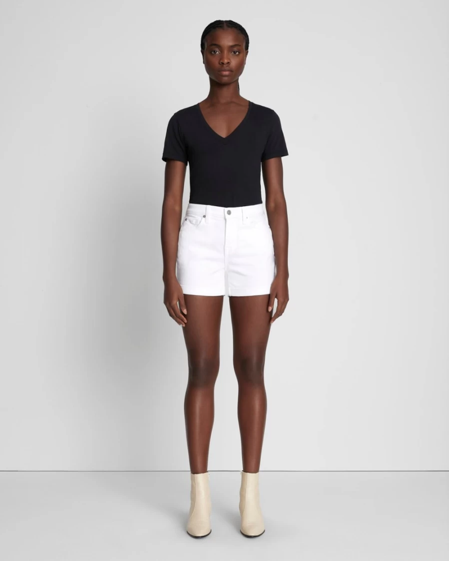 7 For All Mankind Women's White Broken Twill Mid Roll Shorts