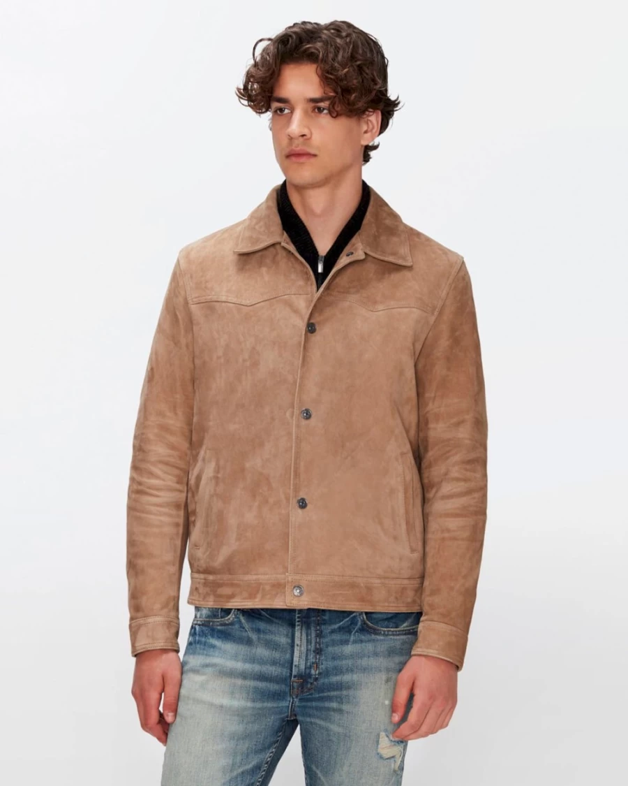 7 For All Mankind Men's Suede Western Jacket in Bamboo - Stylish Cowboy Denim Jacket for Men