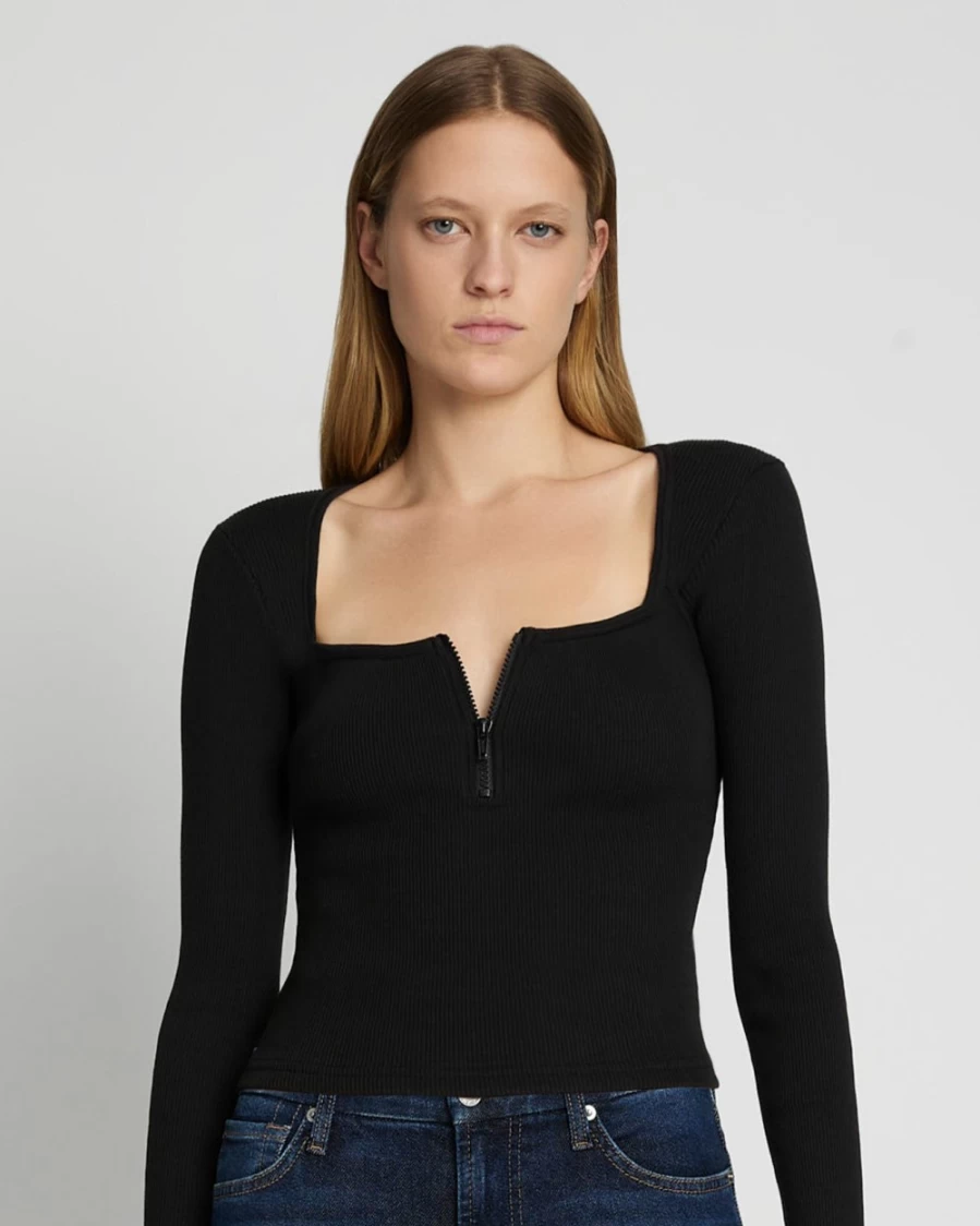 7 For All Mankind Women's Quarter Zip Ribbed Top - Moonless Night Style