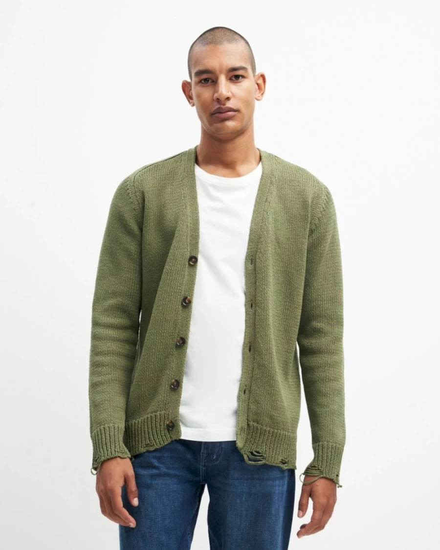 7 For All Mankind Men's Army Green Distressed Cardigan Sweater