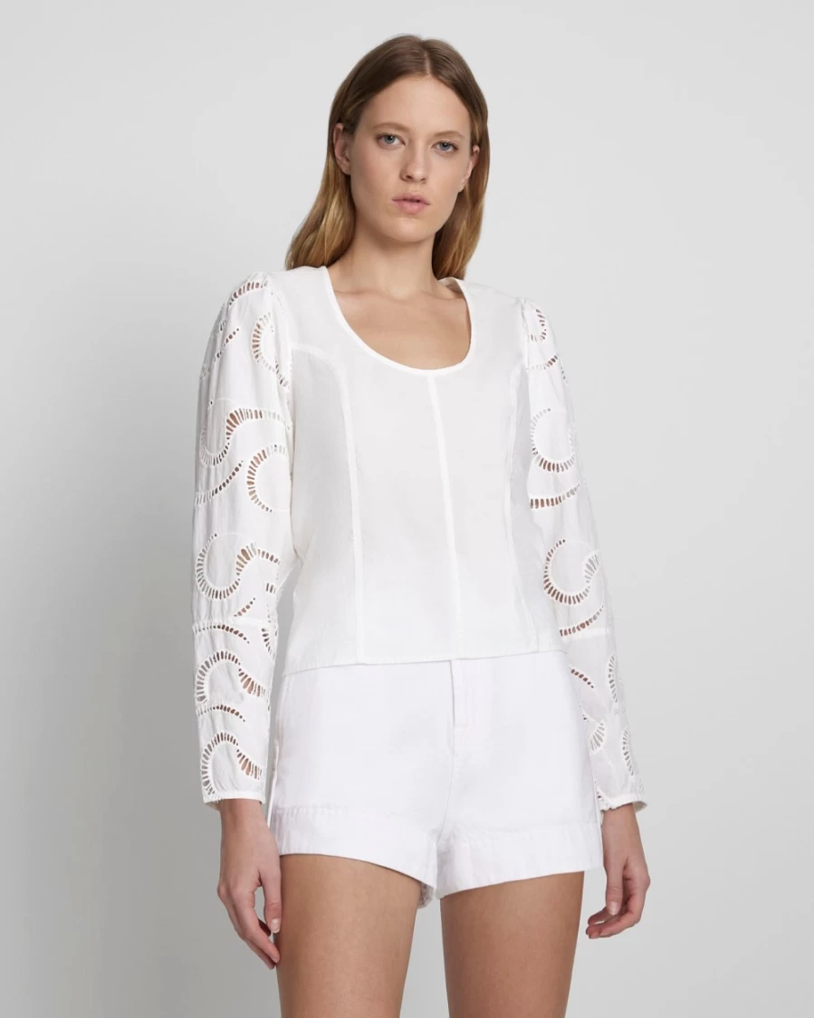7 For All Mankind Women's Antique White Balloon Sleeve Eyelet Blouse Top