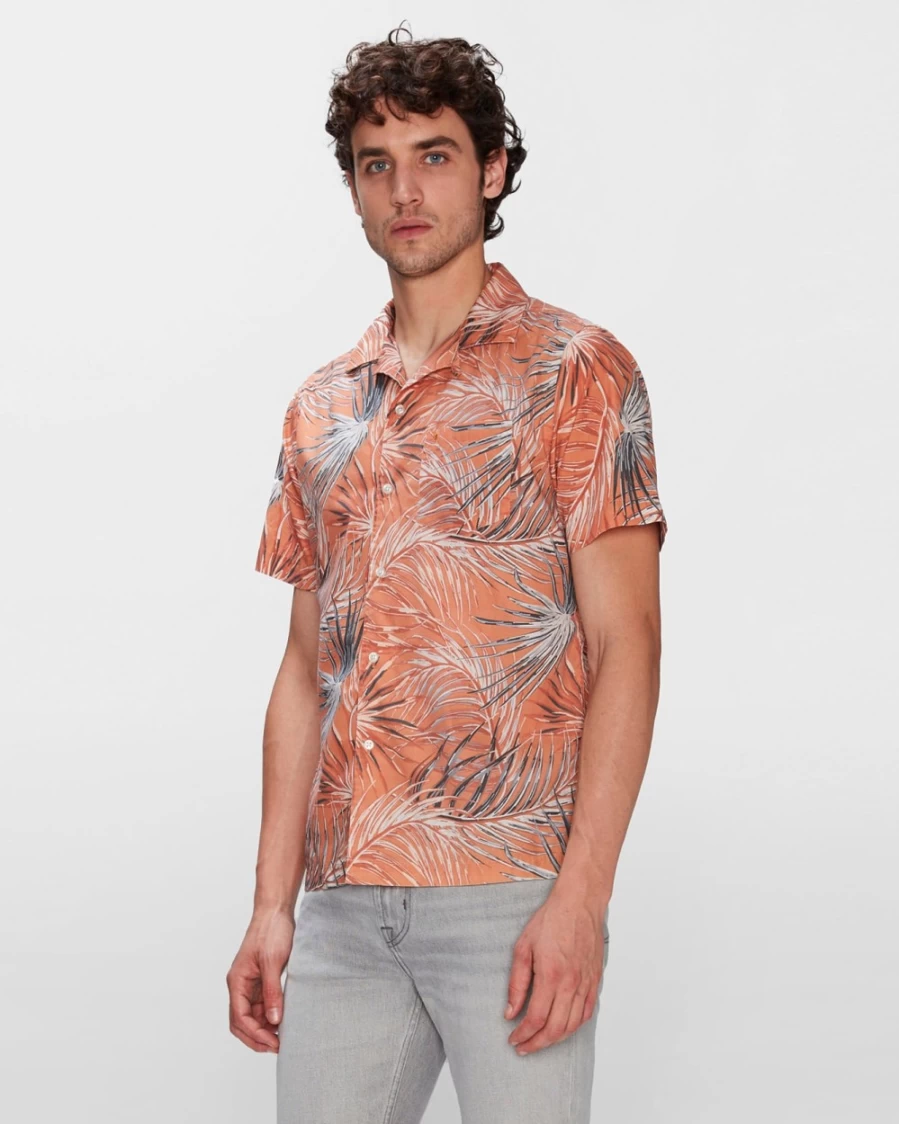 7 For All Mankind Men's Tropic Print Camp Shirt - Tangerine Casual Short Sleeve Button Up