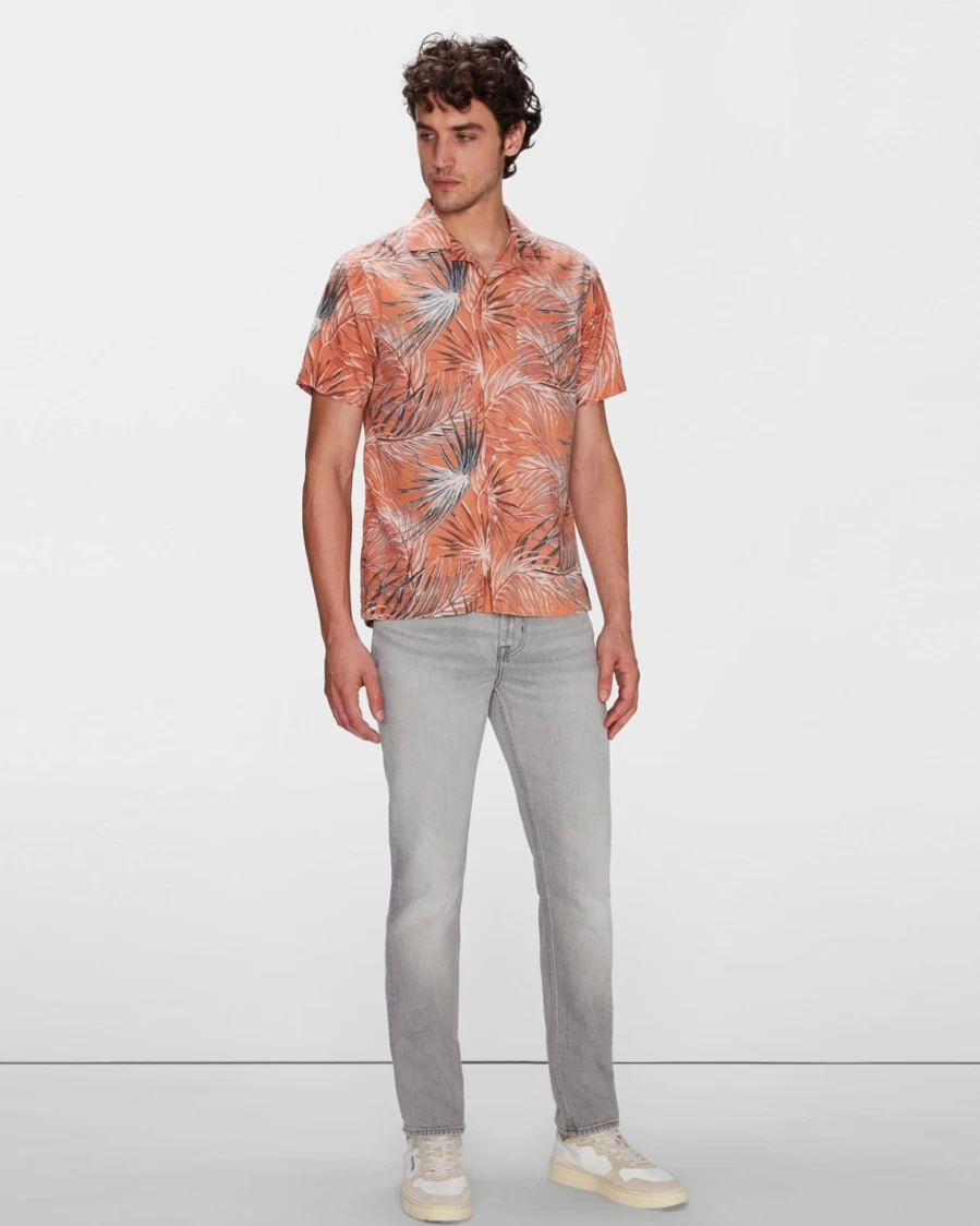 7 For All Mankind Men's Tropic Print Camp Shirt - Tangerine Casual Short Sleeve Button Up