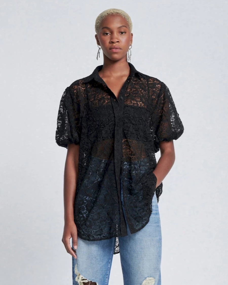 7 For All Mankind Women's Black Lace Puff Sleeve Button-Up Tunic Top