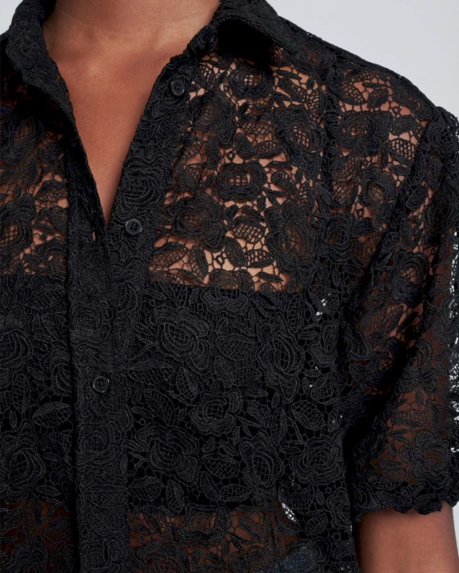 7 For All Mankind Women's Black Lace Puff Sleeve Button-Up Tunic Top